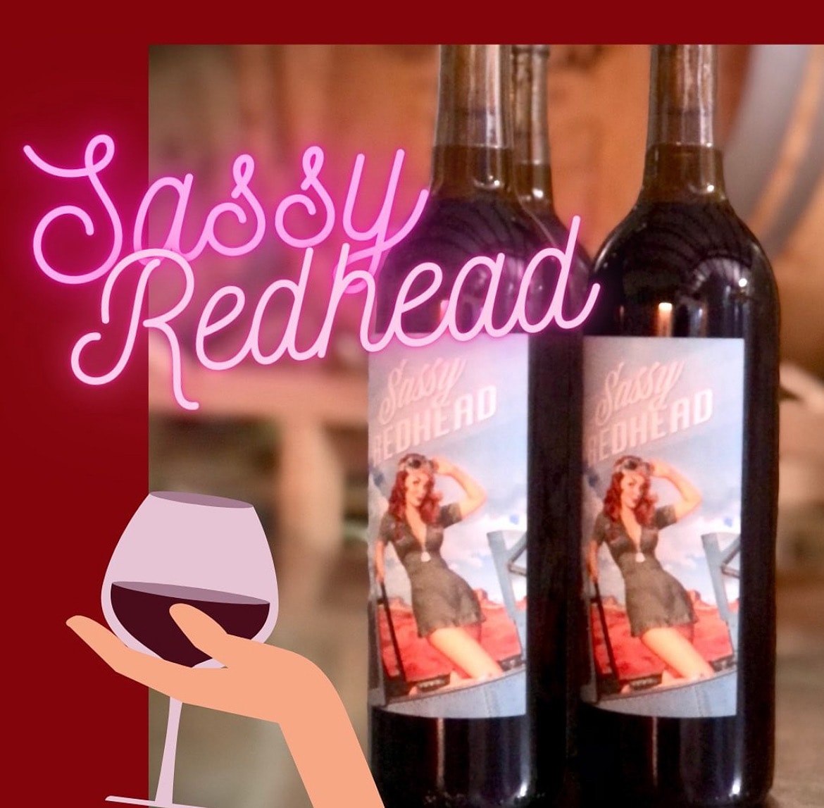Sassy Redhead wine bottles with neon sign