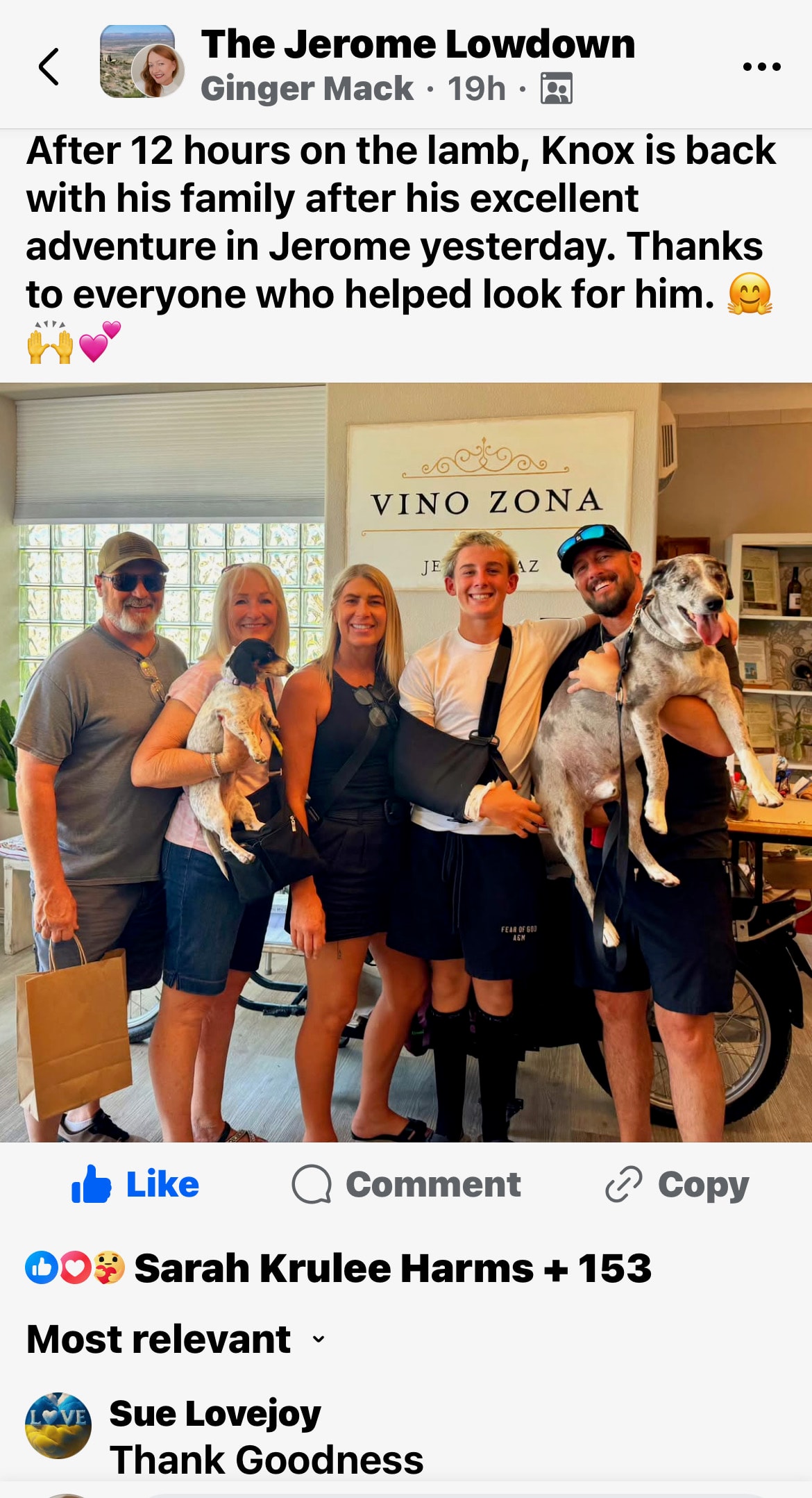 Family reunited with dog Knox at Vino Zona Jerome