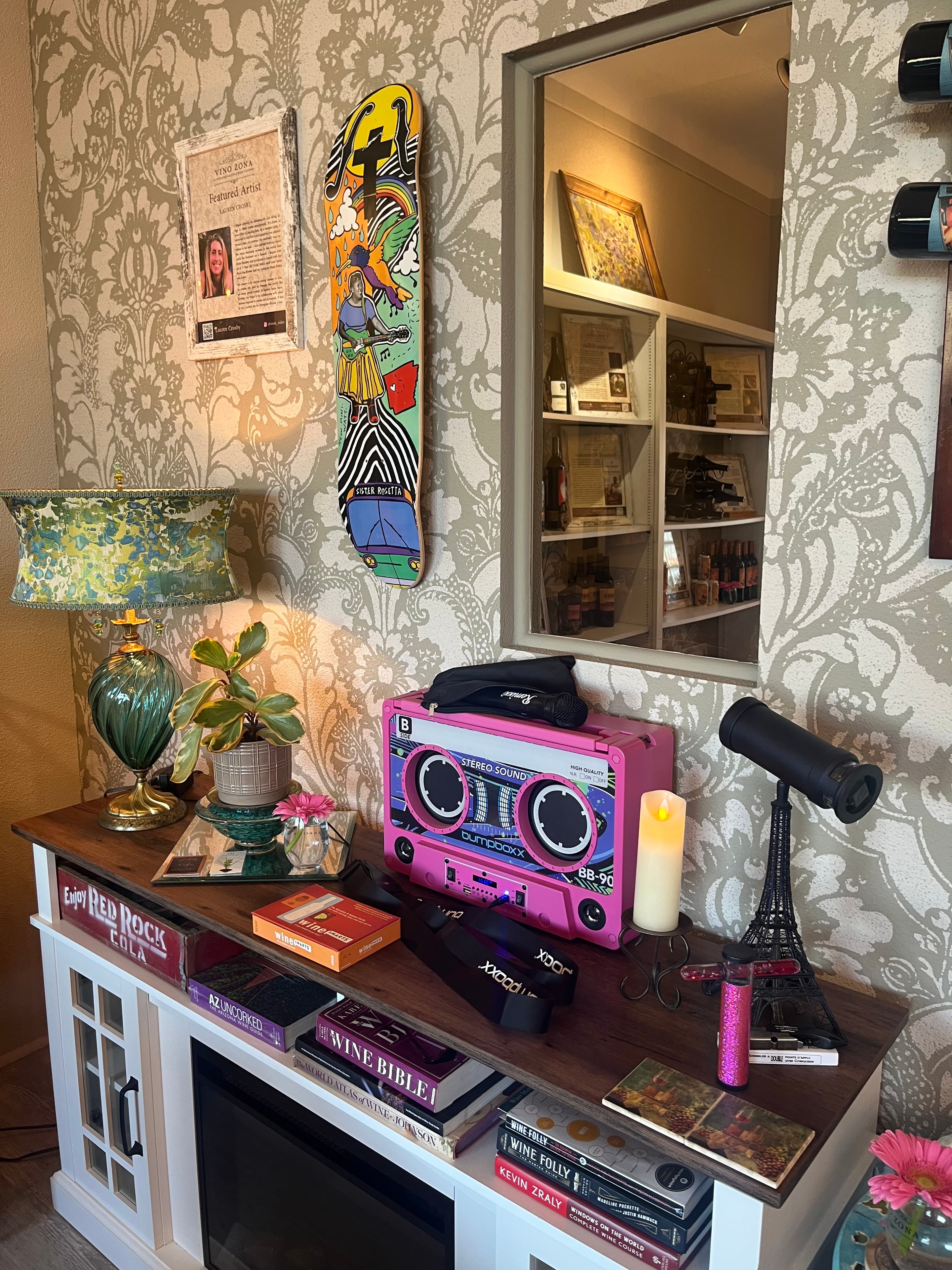 Eclectic Vino Zona interior with pink boombox