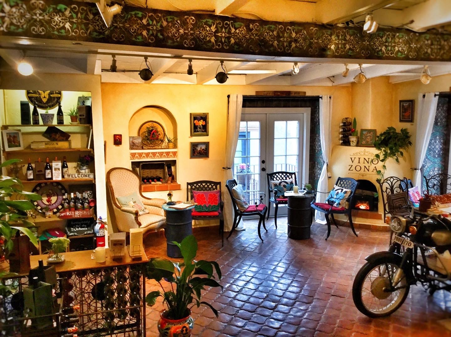 Warm eclectic tasting room interior at Vino Zona