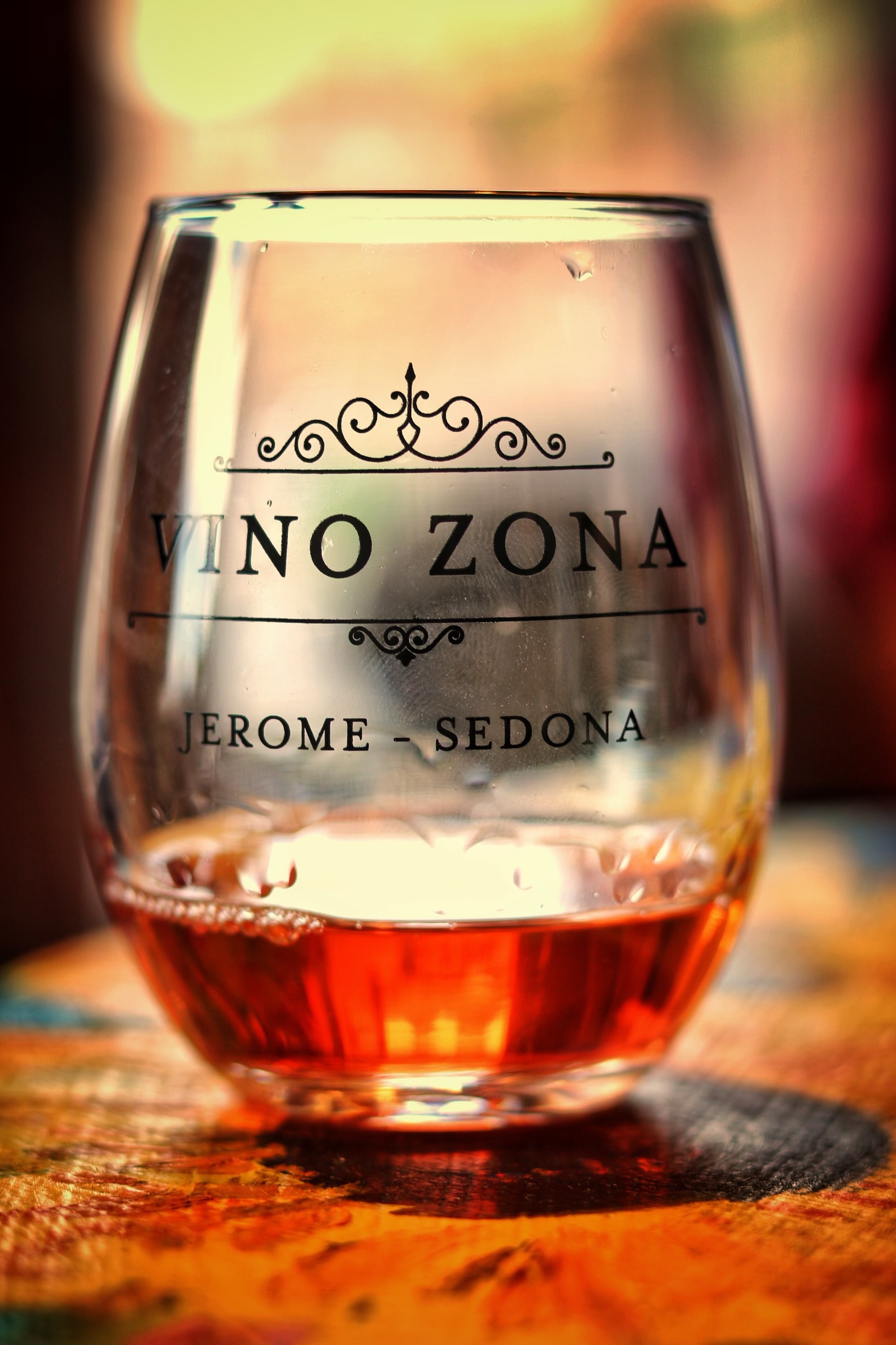 Vino Zona branded stemless wine glass Jerome Sedona